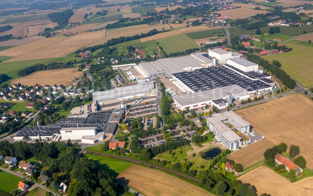 Rödinghausen from above - Bearing surface and sales area of Haecker Kuechen GmbH & Co. KG in the industrial area in Roedinghausen in the state North Rhine-Westphalia