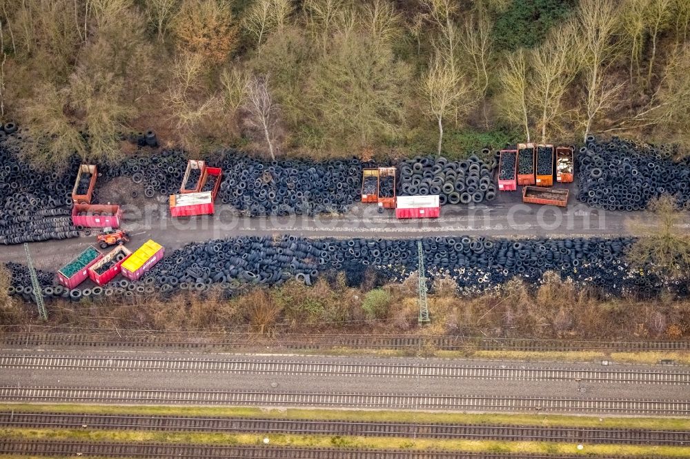 Bergkamen from the bird's eye view: Bearing surface for used tires in the industrial area on street Werner Strasse in Bergkamen in the state North Rhine-Westphalia, Germany