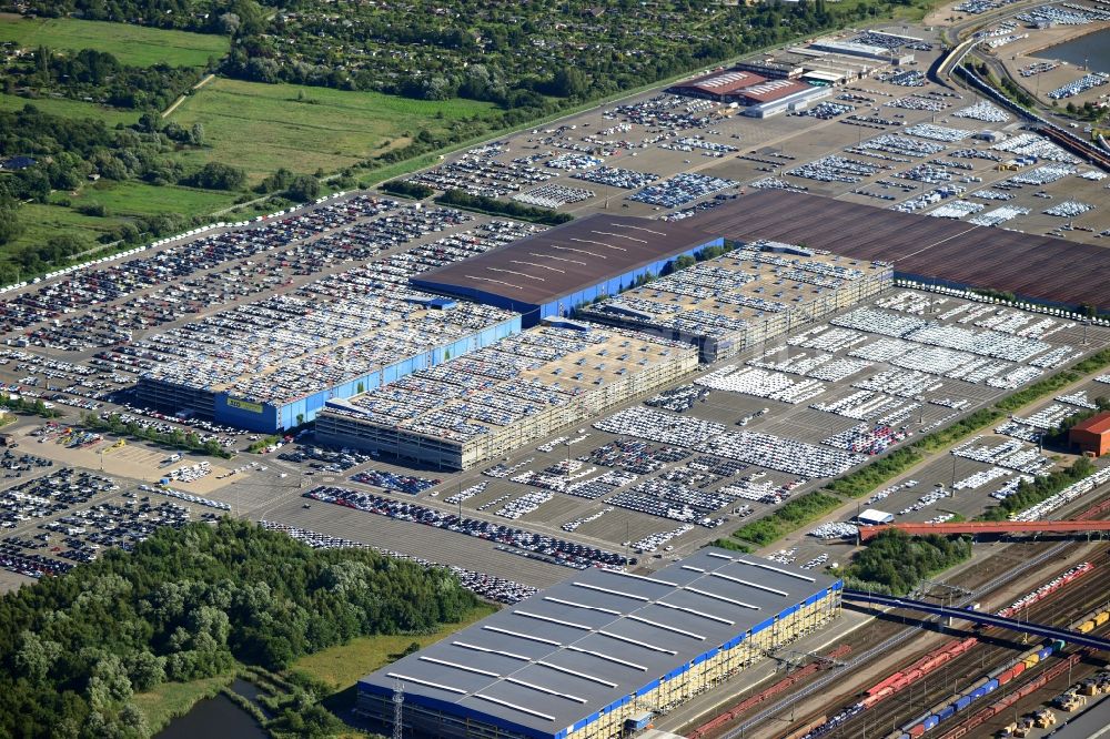 Aerial image Bremerhaven - Storage place of the company BLG Handelslogistik GmbH & Co. KG for cars in the harbor area in Bremerhaven in the state Bremen