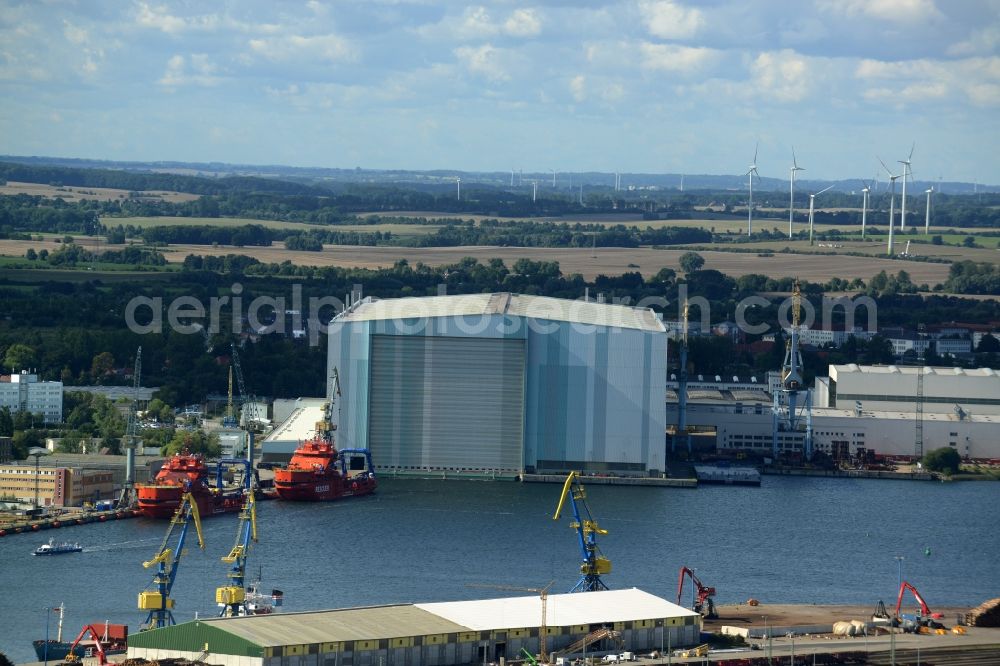 Wismar from the bird's eye view: Bearing surface of the company Nordic Yards Wismar GmbH in the port in Wismar in the state Mecklenburg - Western Pomerania