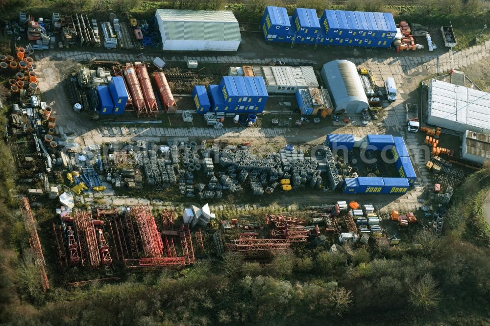 Rüdersdorf from above - Bearing surface der Porr Equipment Services Deutschland GmbH in the industrial area in Ruedersdorf in the state Brandenburg