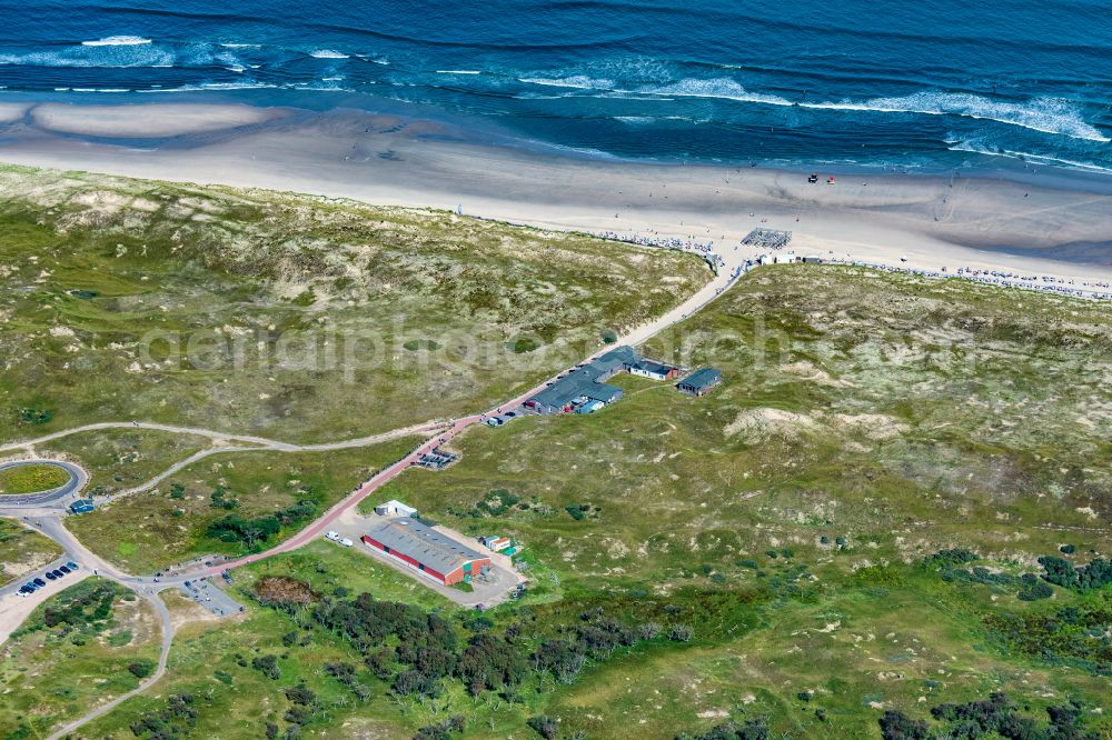 Aerial photograph Norderney - Warehouse in the dunes Strandkorb Lagerhalle on the island of Norderney in the state Lower Saxony, Germany