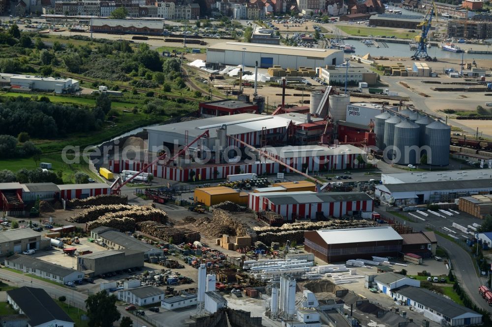 Wismar from above - Depot of the company german pellets in the industrial area at the port in Wismar in the state Mecklenburg - Western Pomerania