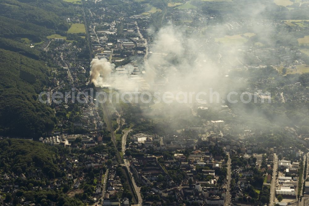 Aerial photograph Hagen - The fire extinguishing work on a destroyed by the fire warehouse in Hagen in North Rhine-Westphalia