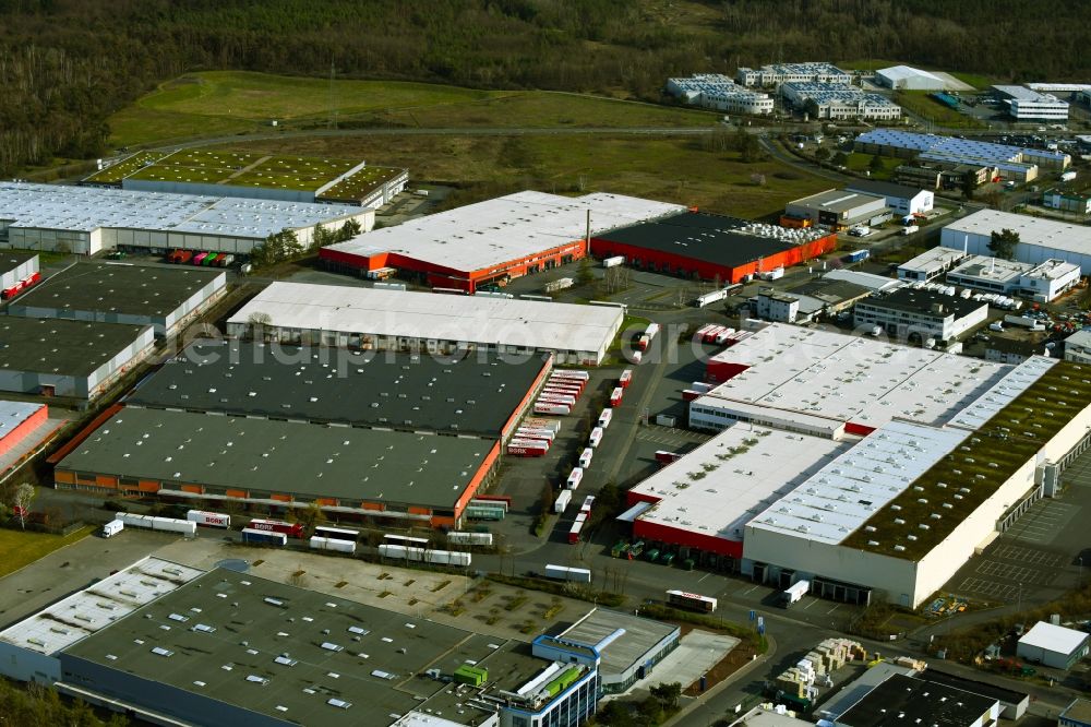 Dietzenbach from the bird's eye view: Warehouses and forwarding building of the company Spedition Bork GmbH & Co. KG in Dietzenbach in the state Hesse, Germany