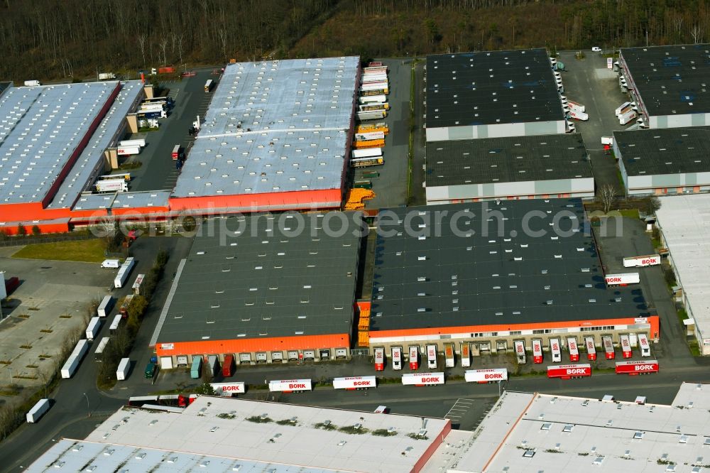 Dietzenbach from above - Warehouses and forwarding building of the company Spedition Bork GmbH & Co. KG in Dietzenbach in the state Hesse, Germany