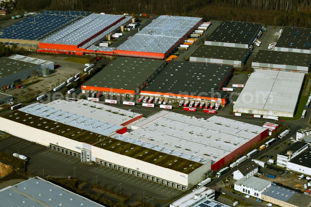 Dietzenbach from the bird's eye view: Warehouses and forwarding building of the company Spedition Bork GmbH & Co. KG in Dietzenbach in the state Hesse, Germany