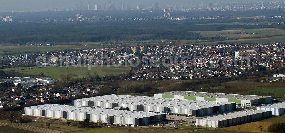 Rodgau from the bird's eye view: Warehouses and forwarding building of agotrans Logistik GmbH in Rodgau in the state Hesse