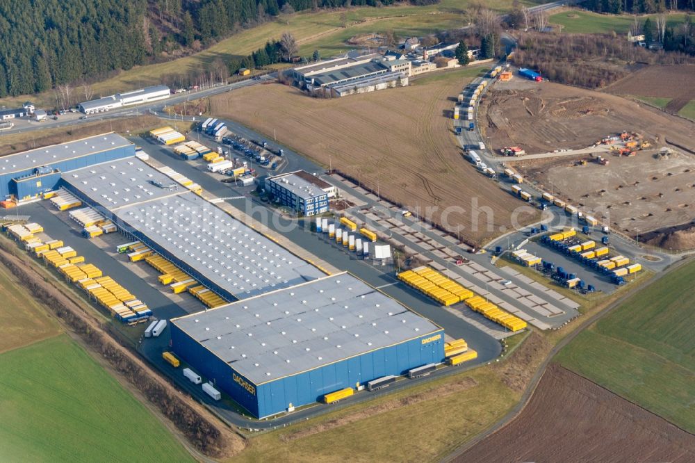 Feilitzsch from above - Warehouses and forwarding building of Fa. Dachser in Feilitzsch in the state Bavaria, Germany