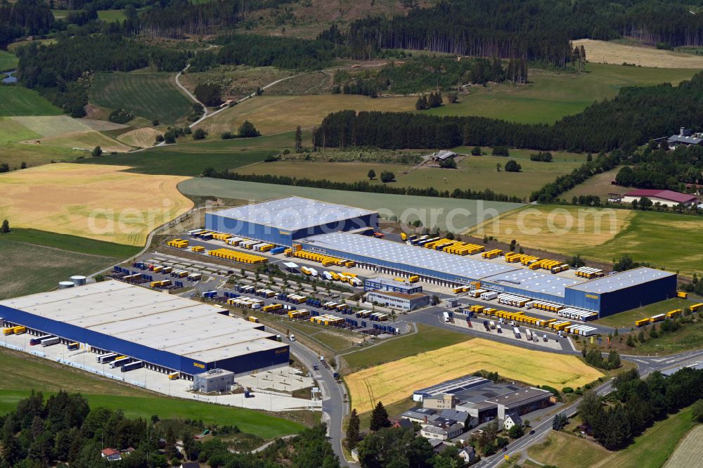 Feilitzsch from above - Warehouses and forwarding building of Fa. Dachser in Feilitzsch in the state Bavaria, Germany