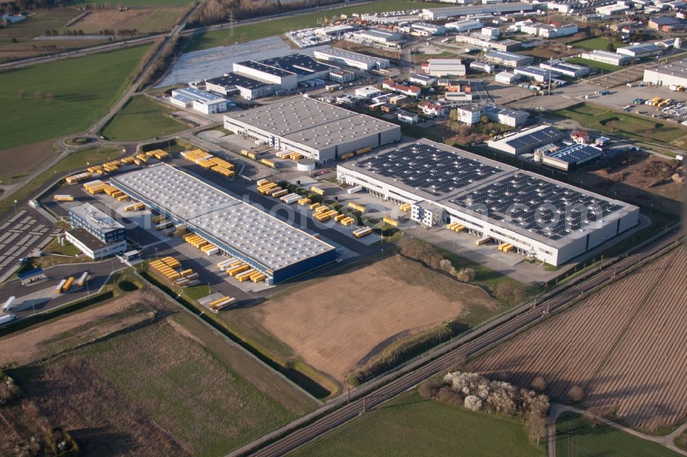 Malsch from the bird's eye view: Warehouses and forwarding building of Dachser GmbH & Co.KG in Malsch in the state Baden-Wuerttemberg