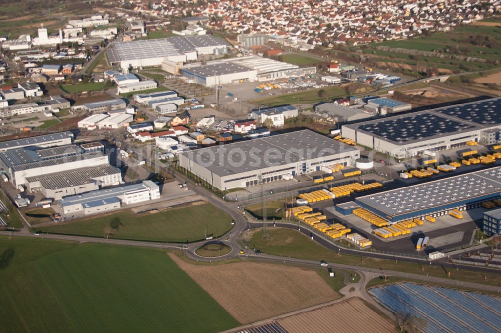 Malsch from above - Warehouses and forwarding building Dachser GmbH & Co.KG in Malsch in the state Baden-Wuerttemberg, Germany