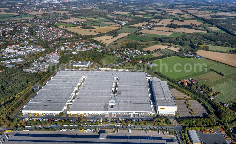 Aerial photograph Unna - Warehouses and forwarding building of DHL Solutions Fashion GmbH in Unna in the state North Rhine-Westphalia, Germany