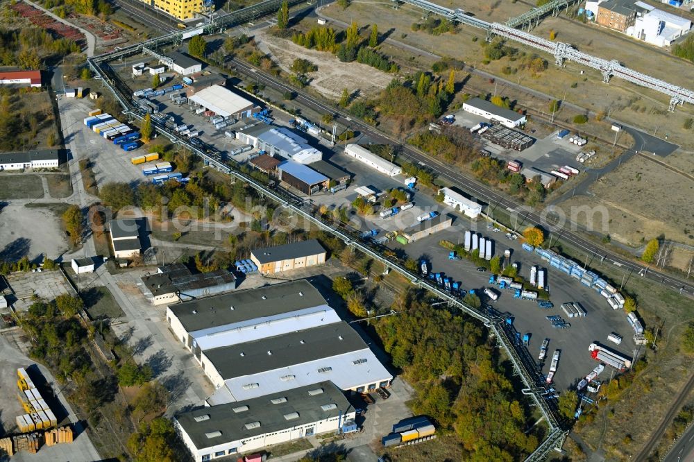 Bitterfeld-Wolfen from above - Warehouses and forwarding building on Farbenstrasse in the district Greppin in Bitterfeld-Wolfen in the state Saxony-Anhalt, Germany