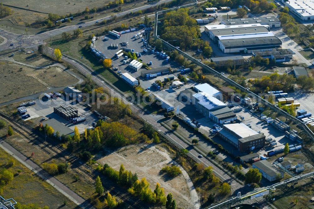 Bitterfeld-Wolfen from above - Warehouses and forwarding building on Farbenstrasse in the district Greppin in Bitterfeld-Wolfen in the state Saxony-Anhalt, Germany