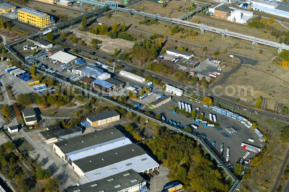 Bitterfeld-Wolfen from above - Warehouses and forwarding building on Farbenstrasse in the district Greppin in Bitterfeld-Wolfen in the state Saxony-Anhalt, Germany