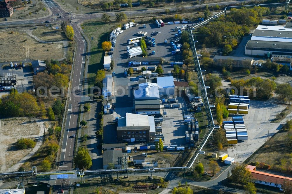 Bitterfeld-Wolfen from the bird's eye view: Warehouses and forwarding building on Farbenstrasse in the district Greppin in Bitterfeld-Wolfen in the state Saxony-Anhalt, Germany