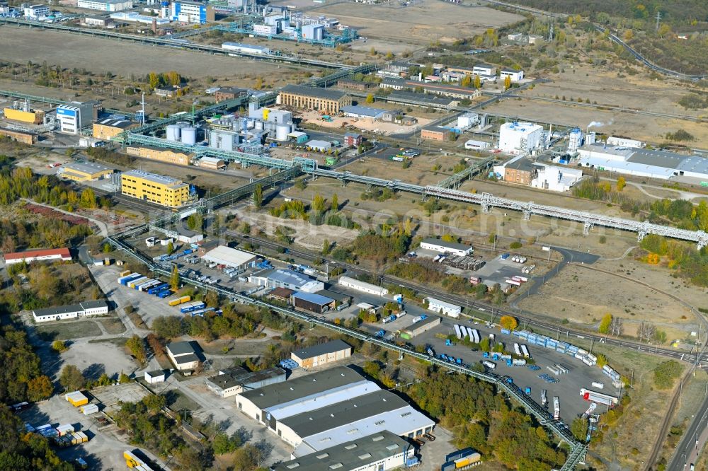 Bitterfeld-Wolfen from above - Warehouses and forwarding building on Farbenstrasse in the district Greppin in Bitterfeld-Wolfen in the state Saxony-Anhalt, Germany