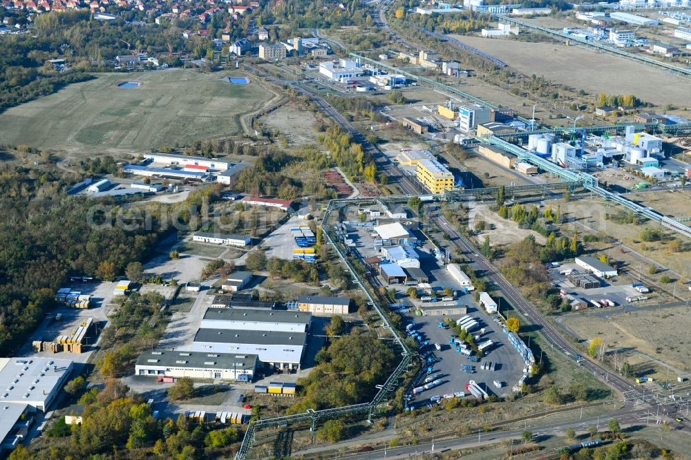 Aerial image Bitterfeld-Wolfen - Warehouses and forwarding building on Farbenstrasse in the district Greppin in Bitterfeld-Wolfen in the state Saxony-Anhalt, Germany