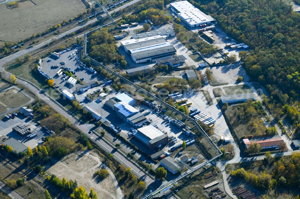 Bitterfeld-Wolfen from above - Warehouses and forwarding building on Farbenstrasse in the district Greppin in Bitterfeld-Wolfen in the state Saxony-Anhalt, Germany