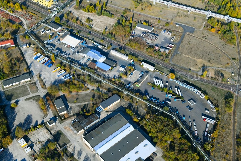 Bitterfeld-Wolfen from above - Warehouses and forwarding building on Farbenstrasse in the district Greppin in Bitterfeld-Wolfen in the state Saxony-Anhalt, Germany