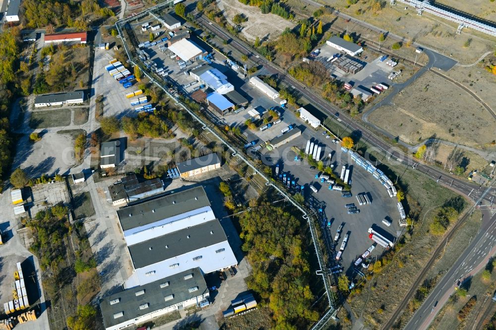 Bitterfeld-Wolfen from the bird's eye view: Warehouses and forwarding building on Farbenstrasse in the district Greppin in Bitterfeld-Wolfen in the state Saxony-Anhalt, Germany