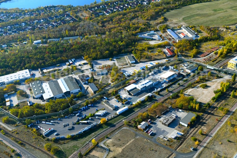 Bitterfeld-Wolfen from the bird's eye view: Warehouses and forwarding building on Farbenstrasse in the district Greppin in Bitterfeld-Wolfen in the state Saxony-Anhalt, Germany