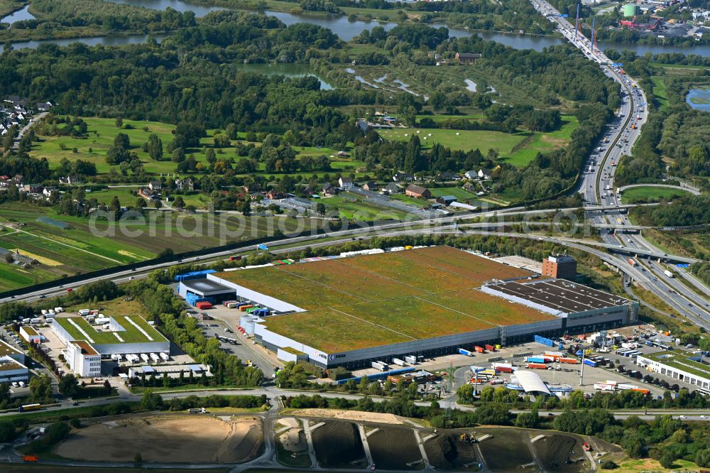 Aerial image Hamburg - Warehouses and forwarding building of Fiege Logistik Stiftung & Co. KG on street Amandus-Stubbe-Strasse in the district Moorfleet in Hamburg, Germany