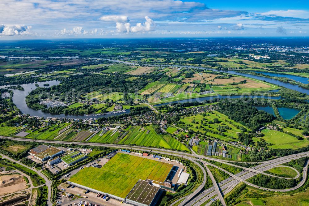 Aerial image Hamburg - Warehouses and forwarding building of Fiege Logistik Stiftung & Co. KG on street Amandus-Stubbe-Strasse in the district Moorfleet in Hamburg, Germany