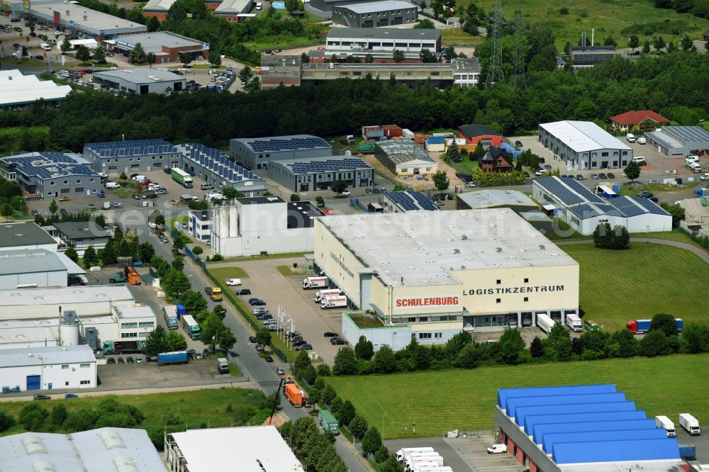 Schwarzenbek from above - Warehouses and forwarding building of Firma Schulenburg in Moebelpark Sachsenwald in Schwarzenbek in the state Schleswig-Holstein, Germany