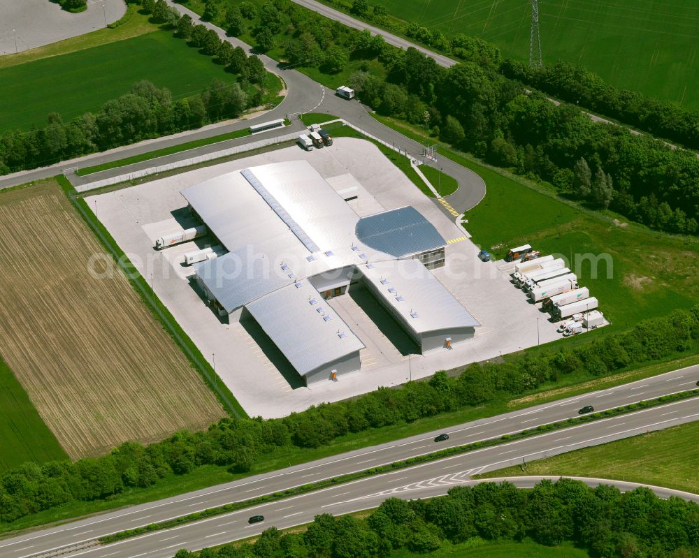 Dettingen an der Iller from above - Warehouses and forwarding building of Firma trans-o-flex Express GmbH & Co. KGaA in Dettingen an der Iller in the state Baden-Wuerttemberg, Germany