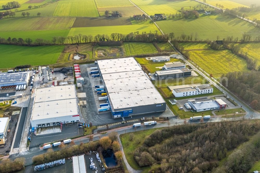 Hamm from the bird's eye view: Warehouses and forwarding building of Friedrich Biermann Logistik and Spedition GmbH on Oberallener Weg in Hamm in the state North Rhine-Westphalia, Germany