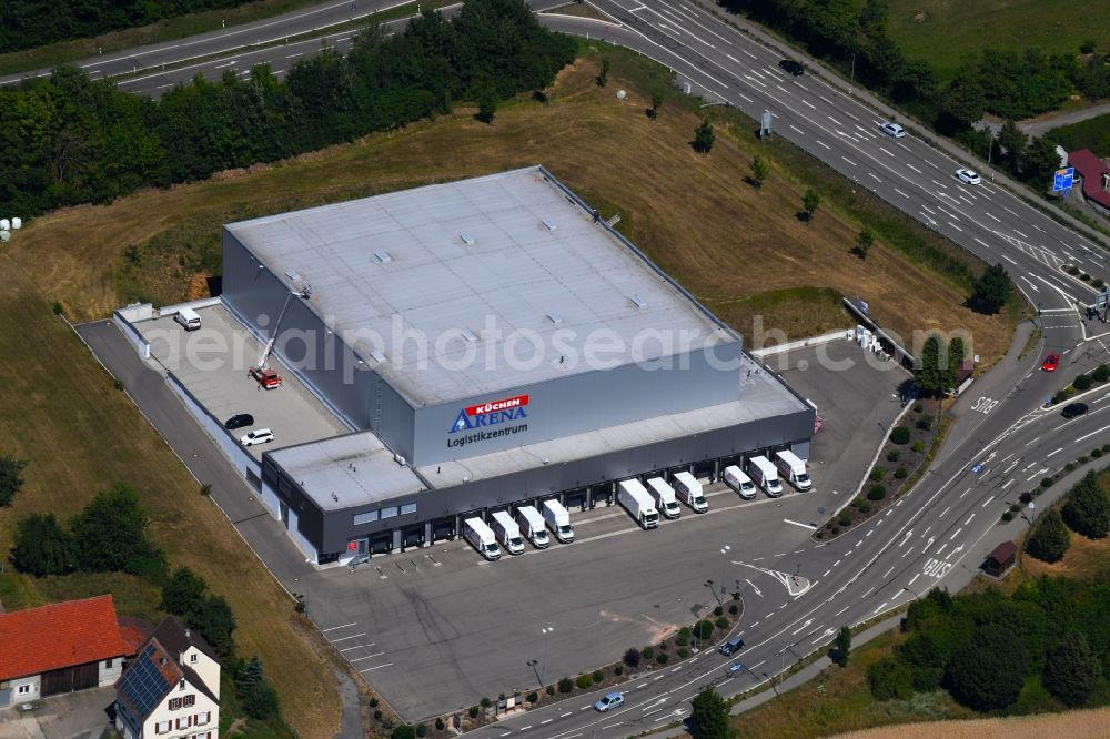 Abstatt from the bird's eye view: Warehouses and forwarding building of Kuechen Arena GmbH & Co. KG on Abstatter Strasse in Abstatt in the state Baden-Wurttemberg, Germany