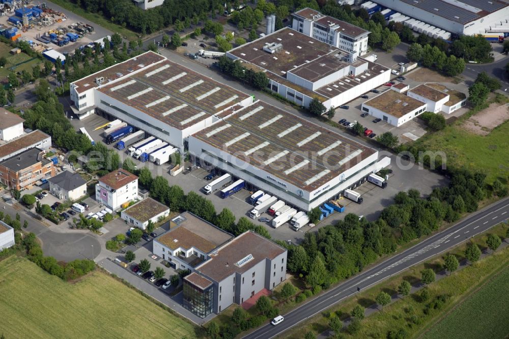 Mainz from the bird's eye view: Warehouses and forwarding building of Kuehne and Nagel in Mainz in the state Rhineland-Palatinate, Germany