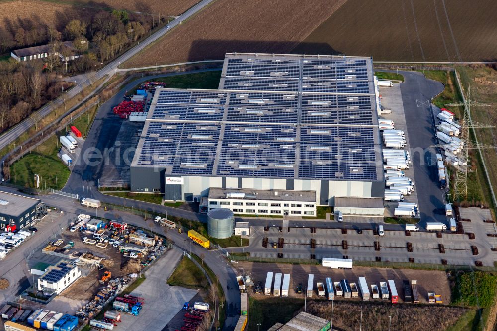 Bobenheim-Roxheim from the bird's eye view: Warehouses and forwarding building Lekkerland Logistikzentrum on street Auf dem Woerth in Bobenheim-Roxheim in the state Rhineland-Palatinate, Germany