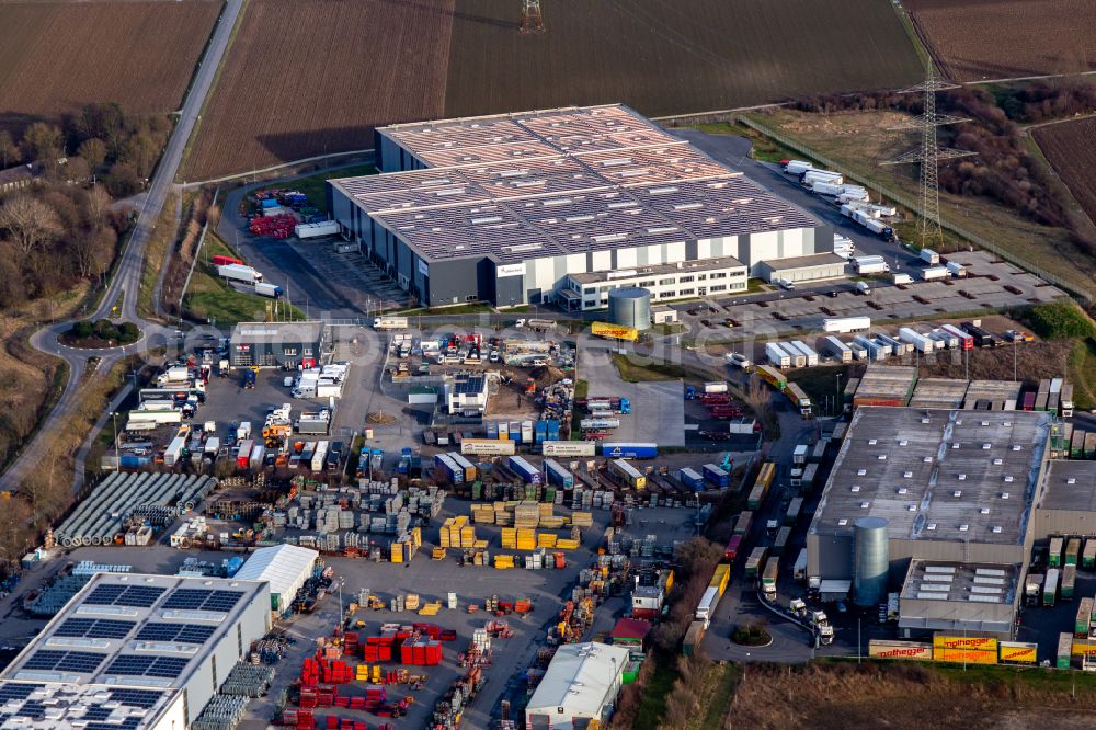 Bobenheim-Roxheim from the bird's eye view: Warehouses and forwarding building of Lekkerland Logistikzentrum Mannheim on street Auf dem Woerth on street Auf dem Woerth in Bobenheim-Roxheim in the state Rhineland-Palatinate, Germany