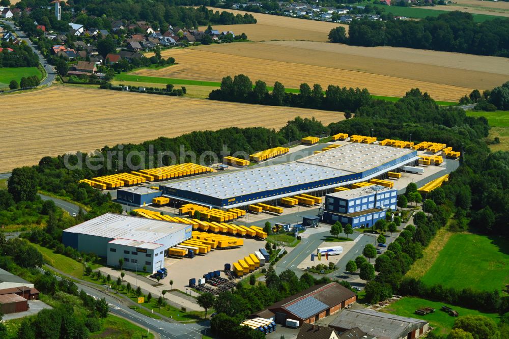 Bad Salzuflen from above - Warehouses and forwarding building Logistikzentrum Ostwestfalen-Lippe on street Thomas-Dachser-Strasse in the district Altenhagen in Bad Salzuflen in the state North Rhine-Westphalia, Germany