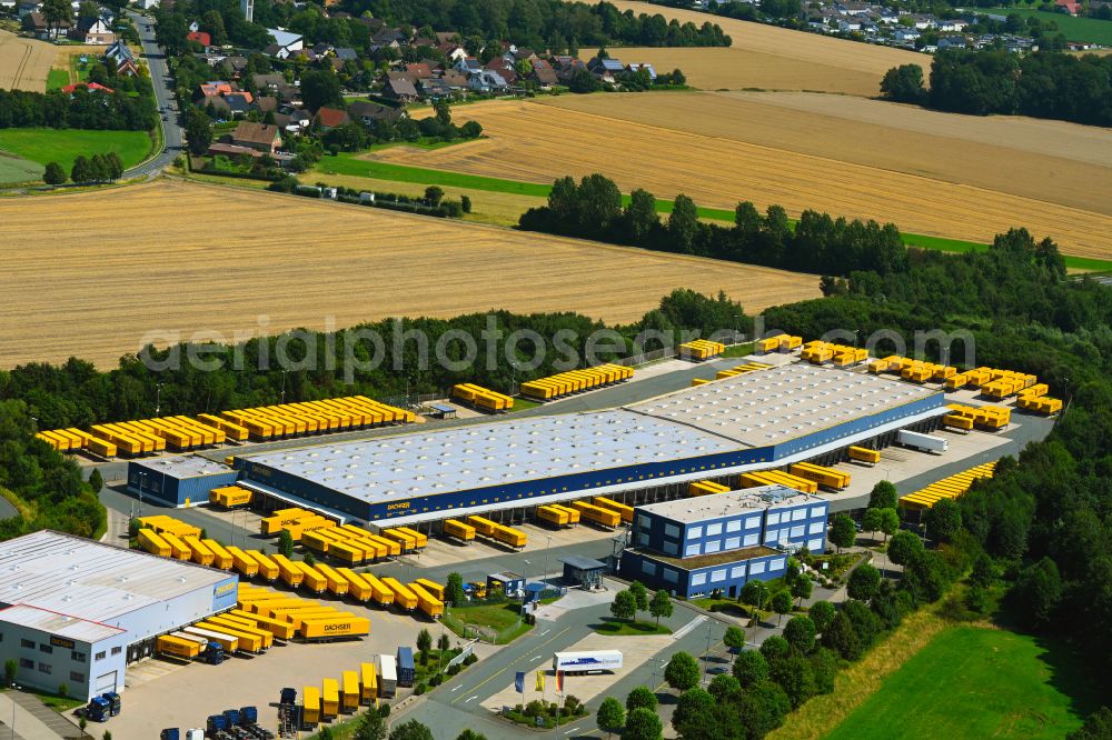 Bad Salzuflen from the bird's eye view: Warehouses and forwarding building Logistikzentrum Ostwestfalen-Lippe on street Thomas-Dachser-Strasse in the district Altenhagen in Bad Salzuflen in the state North Rhine-Westphalia, Germany