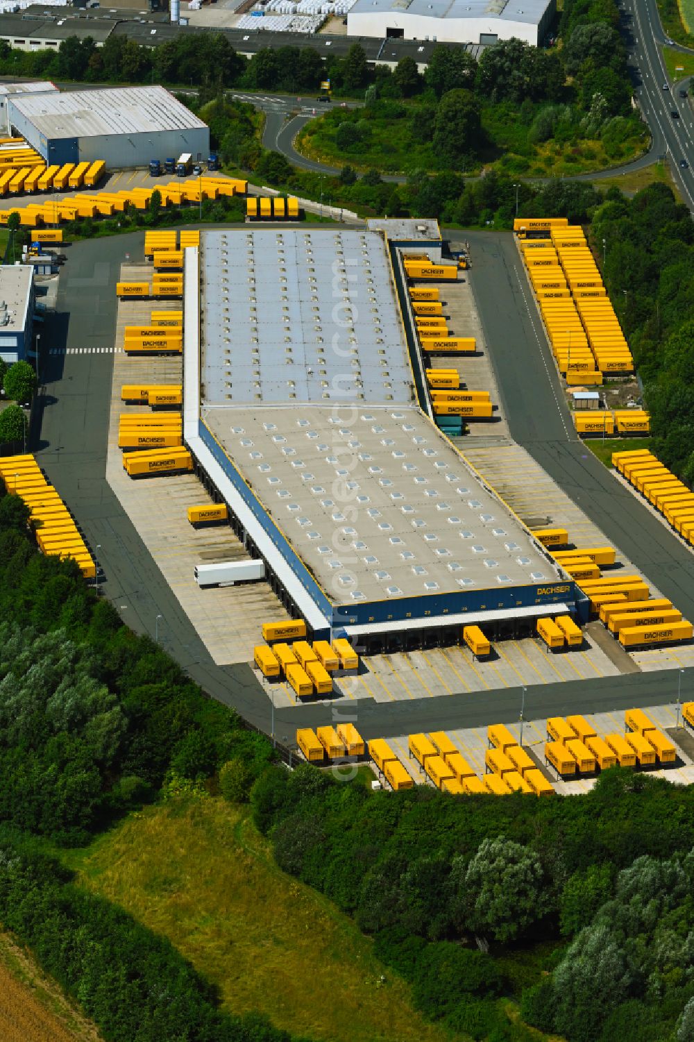 Bad Salzuflen from the bird's eye view: Warehouses and forwarding building Logistikzentrum Ostwestfalen-Lippe on street Thomas-Dachser-Strasse in the district Altenhagen in Bad Salzuflen in the state North Rhine-Westphalia, Germany