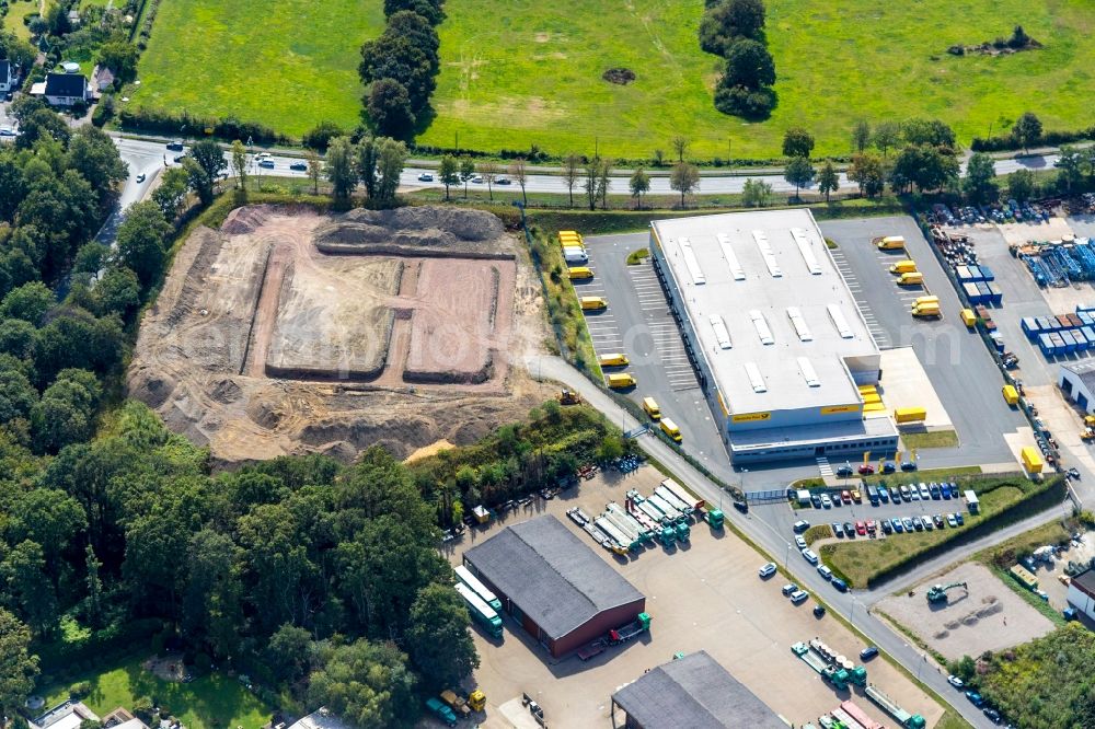 Dinslaken from above - Construction site for a warehouse and forwarding building with office and production areas of the construction company WALTER HELLMICH GmbH at Lanterstrasse in Dinslaken in the state North Rhine-Westphalia, Germany