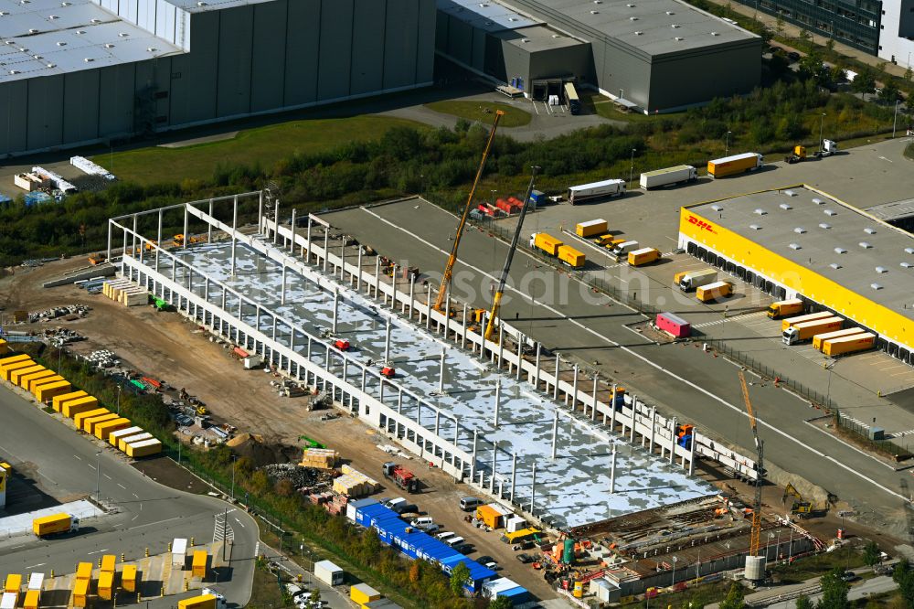 Hamburg from above - Construction site for a warehouse and forwarding building on DHL Express Germany GmbH in the district Billwerder in Hamburg, Germany