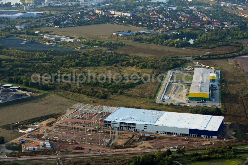 Magdeburg from the bird's eye view: Construction site for a warehouse and forwarding building on Grabower Strasse in the district Gewerbegebiet Nord in Magdeburg in the state Saxony-Anhalt, Germany