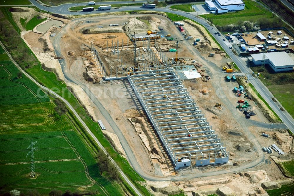 Mainaschaff from the bird's eye view: Construction site for a warehouse and forwarding building Im Hofgewann in Mainaschaff in the state Bavaria, Germany