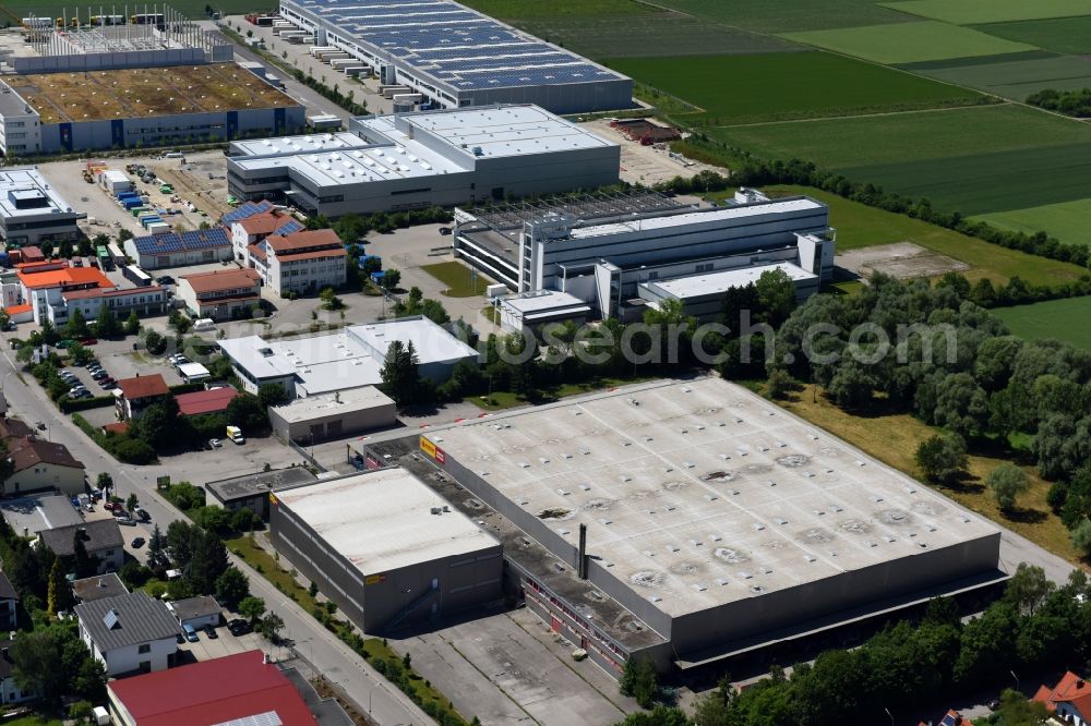 Aerial image Maisach - Warehouses and forwarding building of Poco - Domaene Einrichtungsmaerkte GmbH&Co.KG on Ganghoferstrasse in the district Gernlinden in Maisach in the state Bavaria, Germany