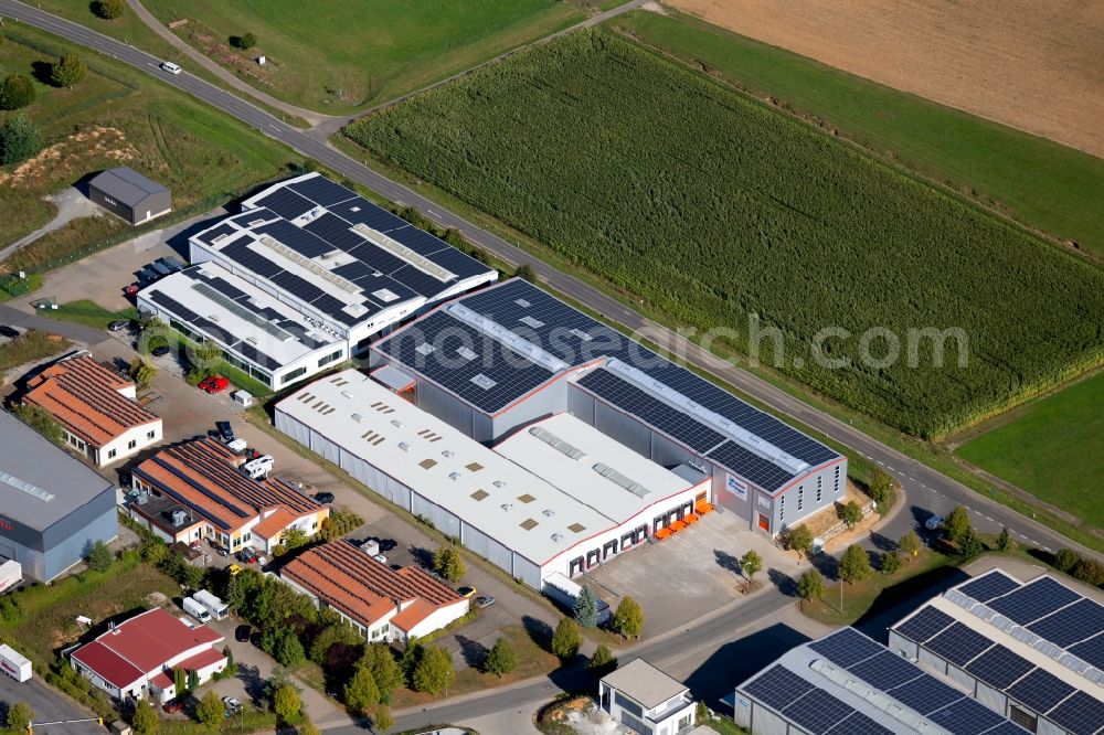 Boxberg from above - Warehouses and forwarding building of Ruedinger Spedition GmbH in the Robert-Bosch-Strasse in Boxberg in the state Baden-Wurttemberg, Germany