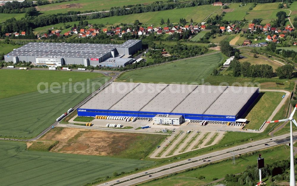 Hörselgau from above - Warehouses and forwarding building of Rhenus SE & Co. KG in Hoerselgau in the state Thuringia, Germany