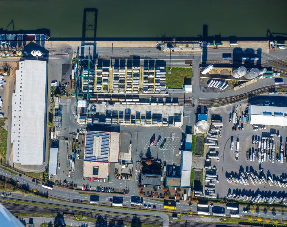 Aerial photograph Hamm - Warehouses and forwarding building Rhenus Port Logistics Rhein-Ruhr GmbH on Hafenstrasse in Hamm at Ruhrgebiet in the state North Rhine-Westphalia, Germany