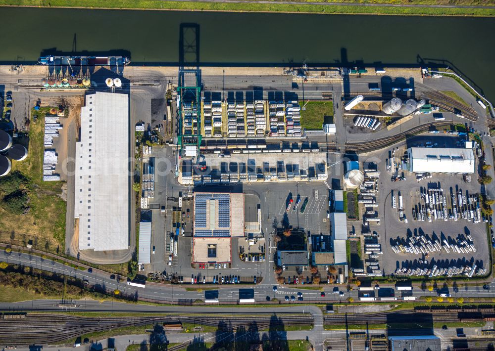 Hamm from above - Warehouses and forwarding building Rhenus Port Logistics Rhein-Ruhr GmbH on Hafenstrasse in Hamm at Ruhrgebiet in the state North Rhine-Westphalia, Germany