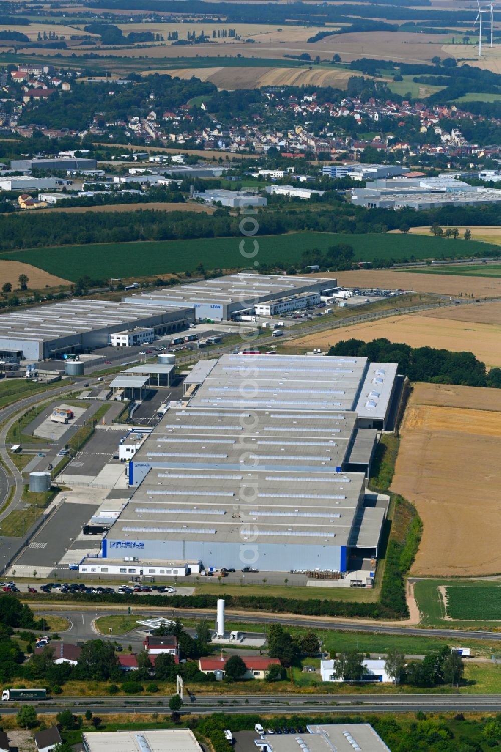 Meerane from the bird's eye view: Warehouses and forwarding building of Rhenus Warehousing Solutions SE & Co. KG on street Industriepark in Meerane in the state Saxony, Germany