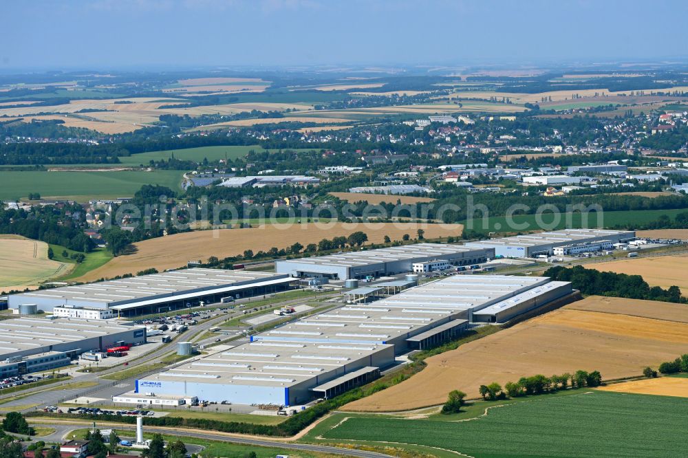 Aerial photograph Meerane - Warehouses and forwarding building of Rhenus Warehousing Solutions SE & Co. KG on street Industriepark in Meerane in the state Saxony, Germany